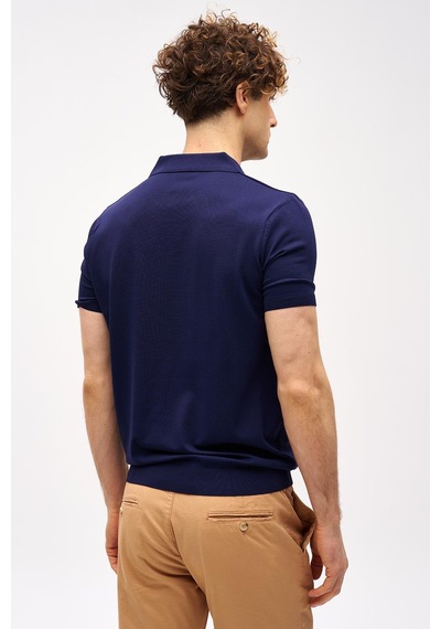 Lacivert Slim Fit Dar Kalıp Polo Yaka Düz Kısa Kollu Triko Tişört-16333 Lacivert