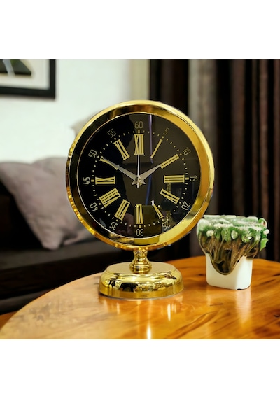 Gold Parlak Metal Ofis Salon Otel Masa Saati B4