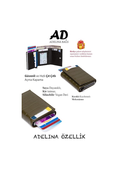 Adelina Bags Haki Timsah Desenli Mekanizmalı Otomatik Kızaklı Kartlık Cüzdan Haki