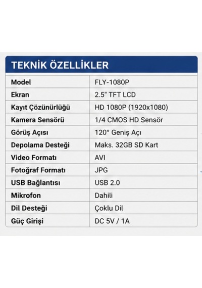 Flyinq Fly-1080p Araç İçi Kamera Hd Dvr Gece Görüşlü 2.5 Lcd Ekranlı Araç Kamerası