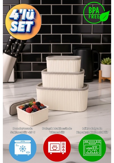 Seiri 4 Lü Erzak Saklama Kabı Seti-krem Gövde Gri Kapak-3000ml-1800ml-1000ml-550ml Krem - Toprak