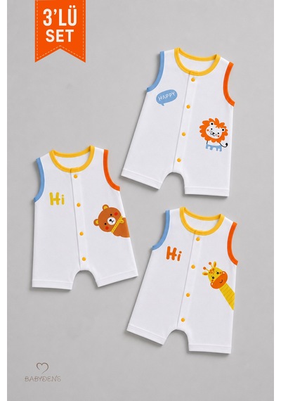 Babyden's Erkek Bebek Şortlu Tulum 3'lü Set % 100 Pamuklu Kolsuz Çıtçıtlı Yazlık Safari Baskılı Yenidoğan Bebek Tulumu Çok Renkli