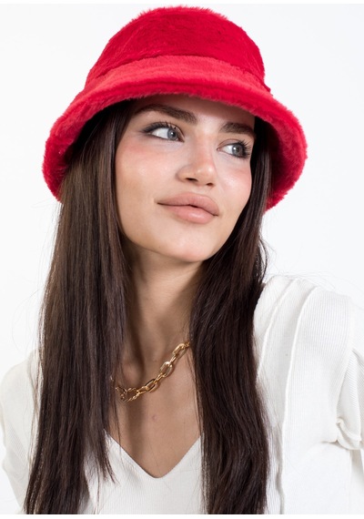 Ladycolor Tavşan Tüyü Peluş Bucket Kova Moda Kadın Kışlık Şapka Kırmızı