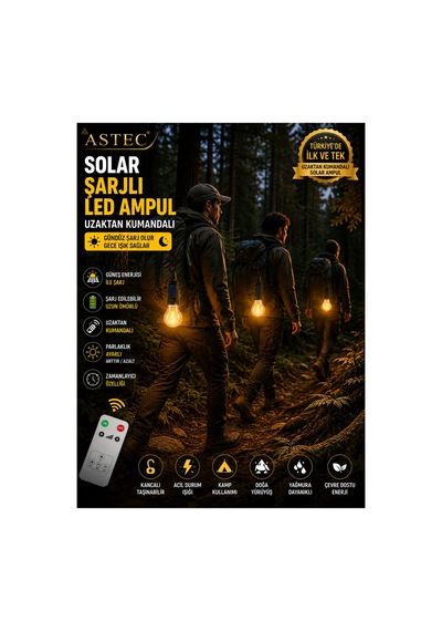 Astec Taşınabilir Solar Şarjlı Led Ampul Uzaktan Kumandalı Type-c Outdoor Kamp Bahçe Lambası Askılı Karabinalı Sarı