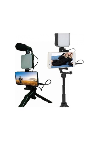 Led Işıklı Telefon Video Çekim Kiti Mini Tripod Mikrofonlu Bluetooth Kumandalı Vlog Seti