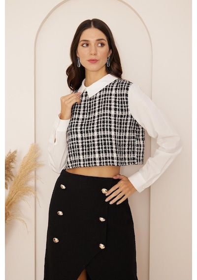 Darlin Moda Siyah Büyük Düğmeli Önden Yırtmaçlı Tweed Etek Dm2030 Siyah