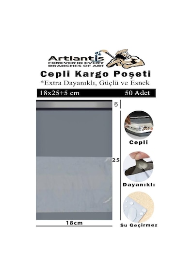 Plastik Kargo Poşeti Cepli 18x25+5 Cm 50 Adet 1 Paket Ekonomik Cepli Kargo Poşeti Dayanıklı Gri Esnek 1 Adet