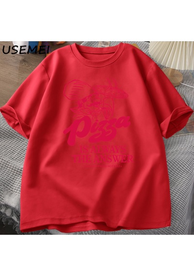 Flood Of Style Pizza Her Zaman Cevap Gıda Baskı T Shirt Kadın Erkek Komik Grafik T Shirt Pamuk Kısa Kollu Ya Kırmızı