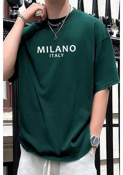 Erkek Milano Baskılı Oversize Tshirt Yeşil