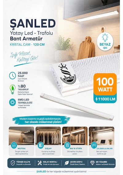 100wat 120 Cm Kristal Yatay Led Bant Armatür-trafolu Beyaz Işık -4 Adettir