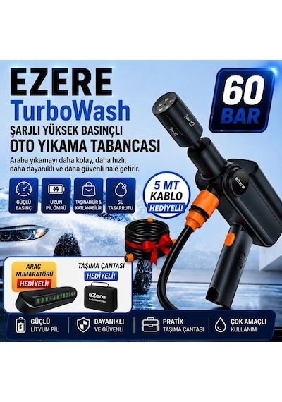 Ezere Turbowash Şarjlı 60 Bar Yüksek Basınçlı Oto Araba Bahçe Yıkama Ve Temizleme Tabancası Makinesi- 5775