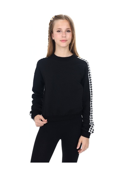 Kız Çocuk Relax Fit Dik Yaka Düşük Omuz Kolu Garnili Sweatshirt - 2 İplik Siyah