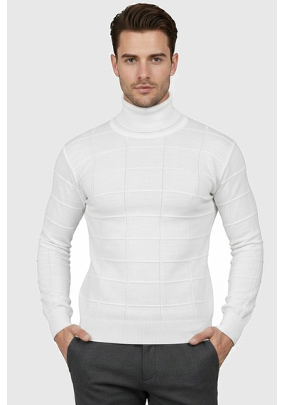 Rizzup Erkek Beyaz Kare Desenli Balıkçı Yaka Slim Fit Boğazlı Triko Kazak 2505493