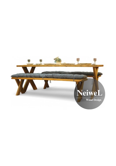 Neiwel Rane Doğal Ahşap Banklı Yemek Masası Takımı-80-140 Takım Açık Ceviz