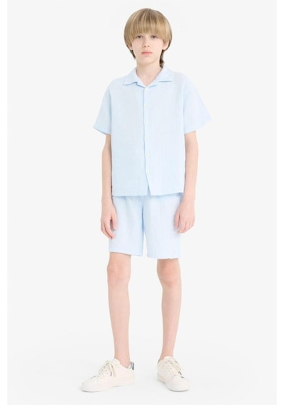 Defacto Erkek Çocuk Oversize Geniş Kalıp Polo Yaka Müslin Kısa Kollu Gömlek W3239a625hsbe174 Mavi