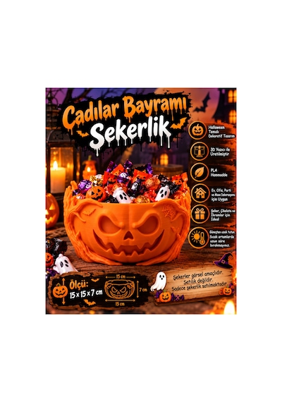 Cadılar Bayramı Halloween Balkabağı Şekerlik Korku Temalı Dekoratif Şeker Çikolata Kasesi Turuncu Turuncu