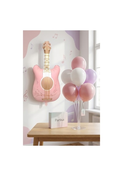 Retro Mat Pembe Gitar Balon Stand Seti Şeffaf 7 Li Stand + Retro Mat Pembe Gitar Folyo Balon + 7 Lateks Balon