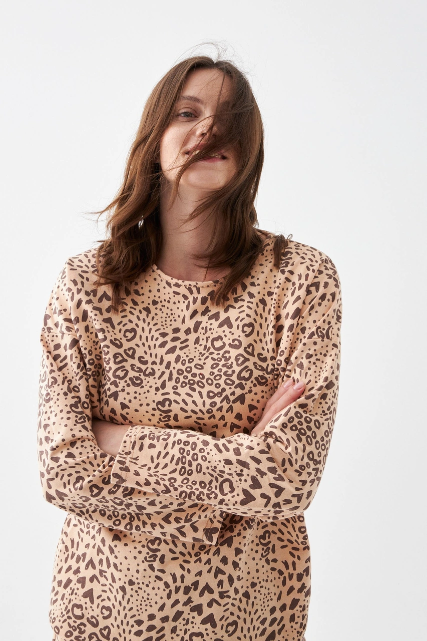 Akbeniz Kadın Oversize Bej Leopar Desenli Pamuklu Kalın Pijama Takımı Bej
