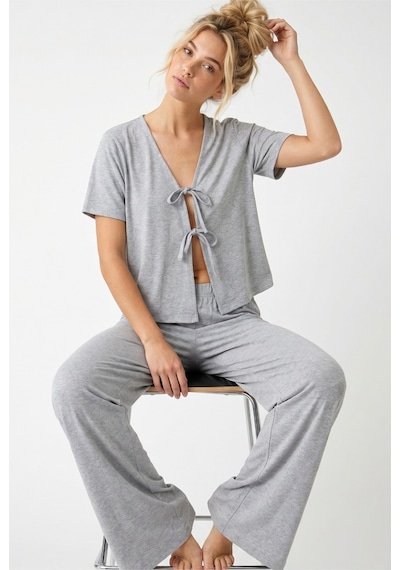 Siyah İnci Bağlamalı Örme Pijama Takım7889 Gri