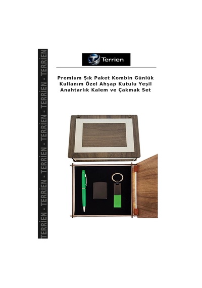 Premium Şık Paket Kombin Günlük Kullanım Özel Ahşap Kutulu Yeşil Anahtarlık Kalem Ve Çakmak Set
