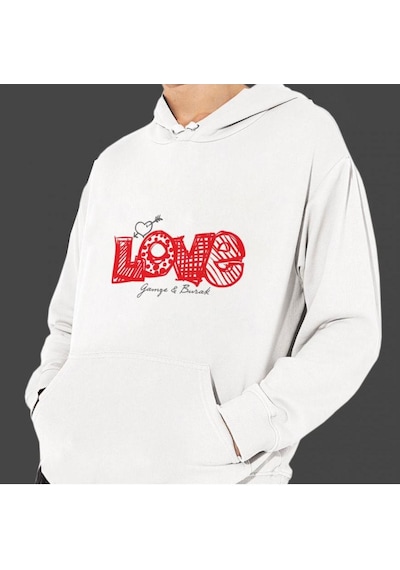Kişiye Özel Love Temalı Sevgiliye Özel Cepli Kapşonlu Beyaz
