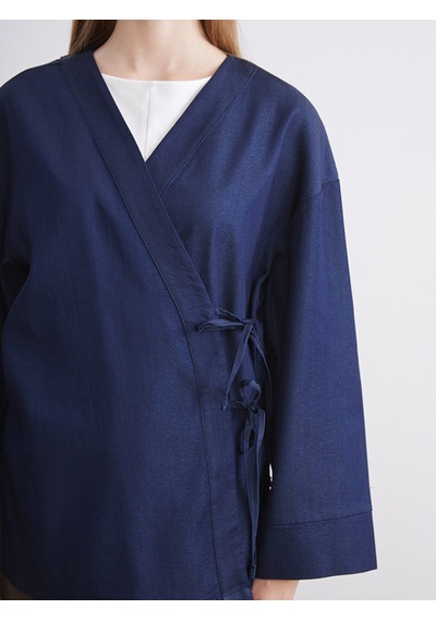 Lcw Modest İndigo Kruvaze Yaka Kadın Kimono