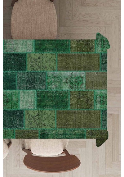 Yeşil Patchwork Desen Dokuma Leke Tutmaz Masa Örtüsü Mso295n11