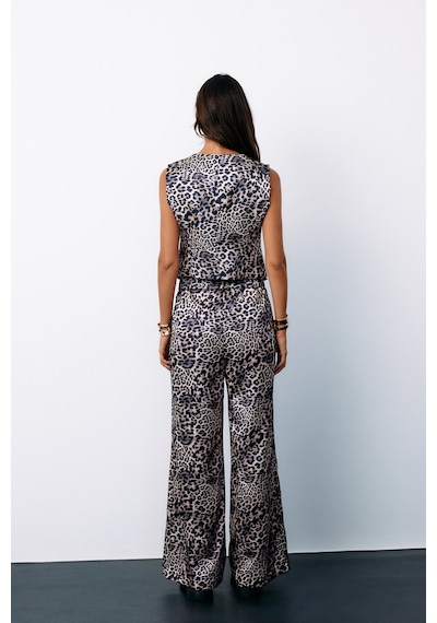 Sateen Kruvaze Leopar Saten Yelek - Gri-135187 Gri