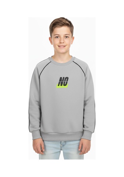 No Baskılı Kapşonsuz Rahat Erkek Çocuk Sweatshirt-90829 Gri