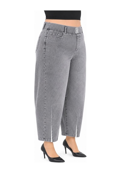 Zanessi Büyük Beden Beli Lastikli Cepli Likralı Denim Mom Kesim Kadın Pantolon Gri