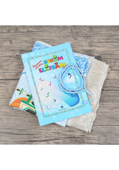 İsme Özel Çocuk Seccadesi Ve Eğitici Kitabı Namaz Seti - Mavi 45x82 Cm -288 Gr - Tesbih Çok Renkli
