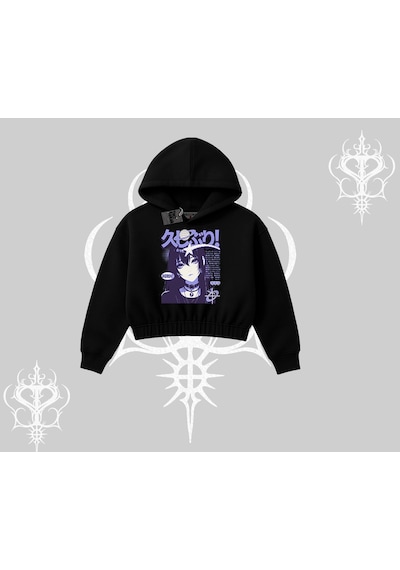 Startmore Kapşonlu Crop Sweatshirt Neo Tokyo Girl Y2k Street Anime Aesthetic Siyah