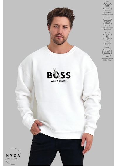 Unisex Bugs Bunny Baskılı Bisiklet Yaka Kapüşonsuz Şardonlu Oversize %100 Pamuk Penye Sweatshirt Beyaz