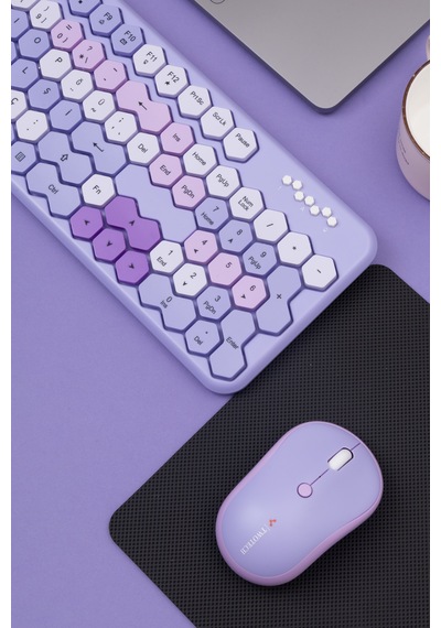 Petek Görünümlü Kablosuz Renkli Klavye Mouse Seti - Retro, Sessiz, Q Türkçe Dizayn Lazer