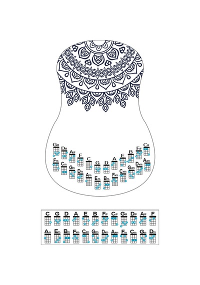 mandala siyah renk ukulele akor cetveli tablosu stickeri etiketi