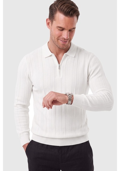 Rizzup Erkek Slim Fit Dokulu Beyaz Triko Kazak Fermuarlı Polo Yaka Likralı Esnek 2708505