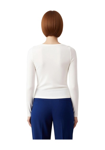 Ersefa Kadın Esnek Örme Kayık Yaka Uzun Kollu Slim Fit Bluz Kaliteli Şık Ekru