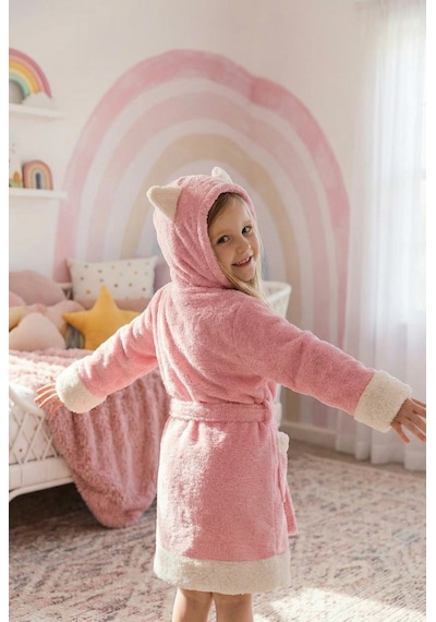 Kız Çocuk Bornozu Kapüşonlu Pamuklu ,polar Figürlü, Pembe 1-14 Yaş