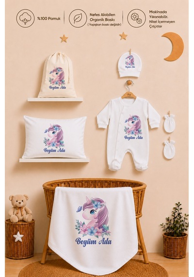 Pia Baby İsme Özel Kız Bebek Hastane Seti 12 Parça %100 Pamuk Organik Baskılı Kıyafet Kesesi Hediyeli 202811k3x Ekru