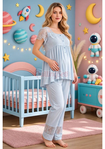 Lady Bebe Mavi Renkli Dantel Detaylı, 33200 Kısa Kol, 2 Parça Lohusa Hamile Pijama Takımı Açık Mavi