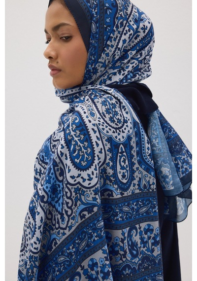 Mirsoy Scarf Almira Pamuk Etnik Desen Şal İndigo