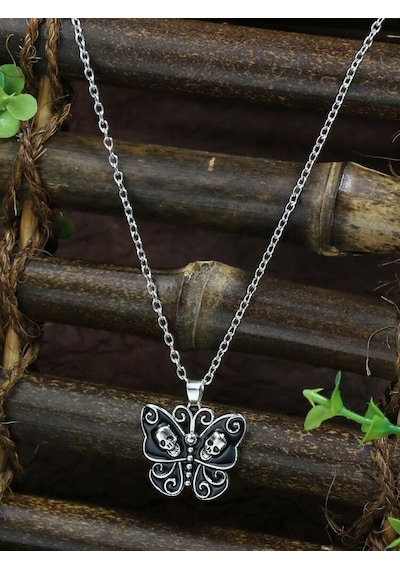 Retro Vintage Gotik Zincirli Kelebek Kuru Kafa Kolye Gümüş