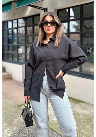 WeShaya Kadın Siyah Basic Model, Gofre Kumaş, Salaş Gömlek Siyah