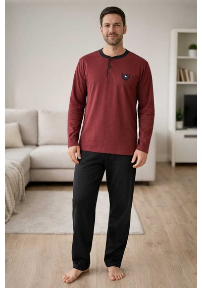 Tenra Erkek Pijama Takımı %100 Pamuk Uzun Kol Bordo