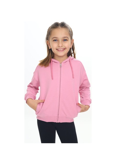 Toontoy Kız Çocuk Kapüşonlu Fermuarlı Cepli Düşük Omuz Örme Hırka - 2 İplik Gül Kurusu