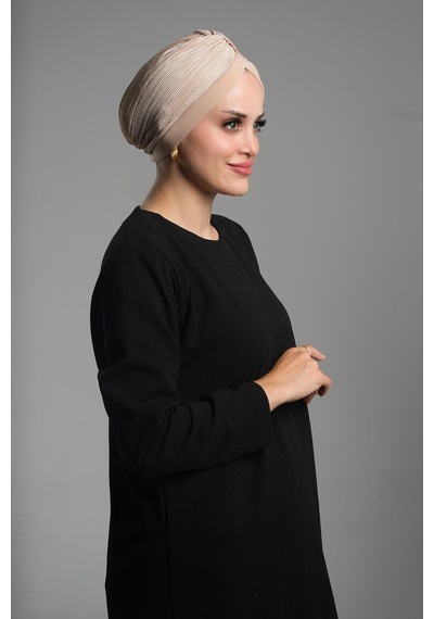 Hürrem Bone Bej Pratik Hazır Geçmeli Tesettür Bone Fukuro Sandy Kumaş Büzgülü 1831 12 Bej