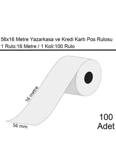 56x16 Metre Termal Kredi Kartı Ve Yazarkasa Pos Rulosu1 Koli:100 Adet Rulo