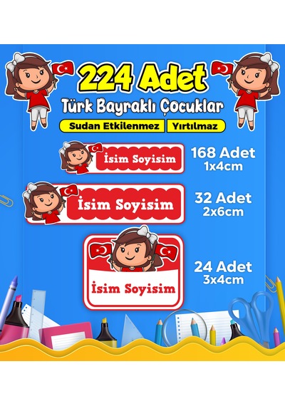 Türk Bayraklı Çocuklar Okul Kreş Kişiye Özel İsim Etiket Seti - Model 486 Çok Renkli
