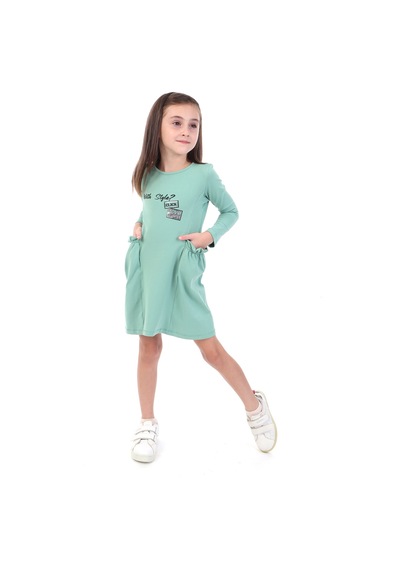 Toontoy Kız Çocuk Baskılı Relax Fit Bisiklet Yaka Uzun Kollu Cepli Elbise - Yeşil