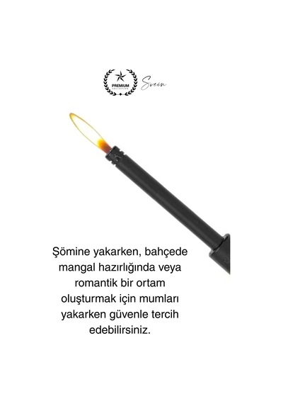 Premium 18 Cm Siyah Basmalı Uzun Mutfak Çakmağı Gazlı Doldurulabilir Mum Mangal Kamp İçin Ateş